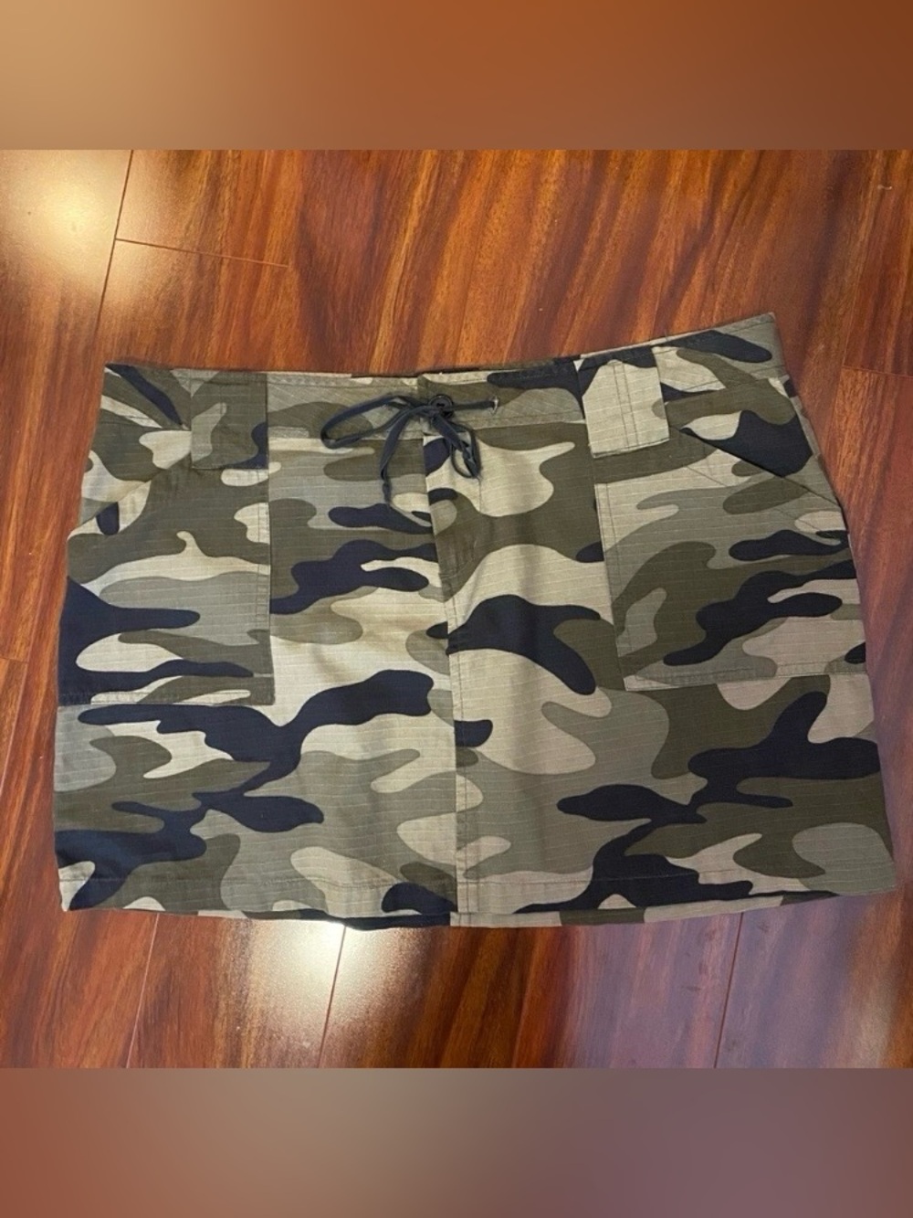Younique Camouflage Cotton Olive Green Drawstring Mini Skirt with pockets